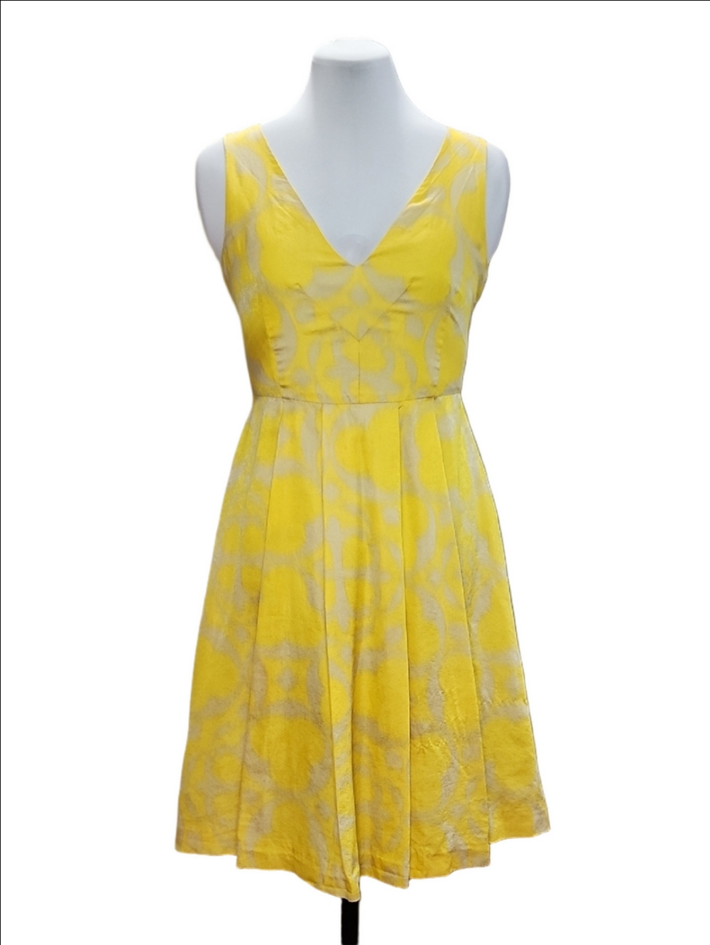 TORY BURCH Silk blend yellow v-neck pleated fit & flare dress